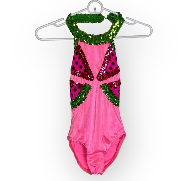 Girl’s kids dance leotard costume Watermelon summer brights polka dot - Picture 1 of 9
